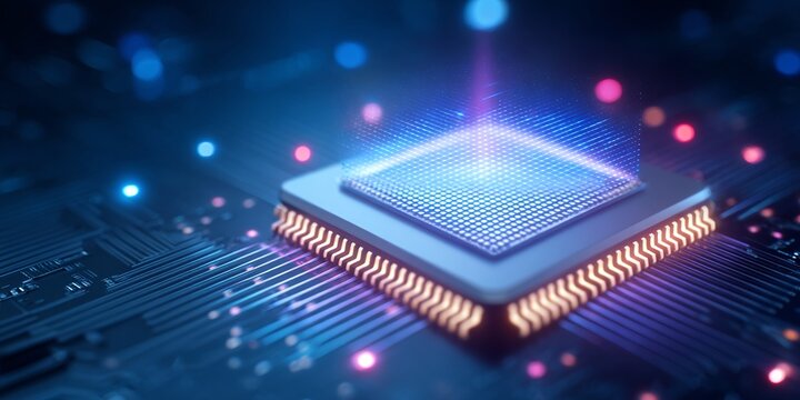 Un microprocessore futuristico con luce energetica che emana dal chip, su uno sfondo blu tecnologico.