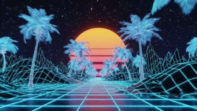 Vibrant retro-futuristic landscape with a glowing neon grid road leading through digital mountains and palm trees toward a sunset.