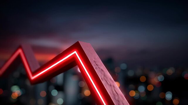 Trade impact stock. Stock market trade impact stocks and finance red downward arrow shows economy and market impact night skyline