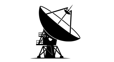 Detailed black silhouette of a large industrial radio telescope dish antenna on a white background isolated on transparent background