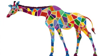 Obraz premium A vibrant, colorful mosaic-style illustration of a giraffe, showcasing an artistic blend of geometric shapes and bright hues.