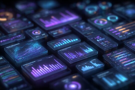 Schermi digitali futuristici con grafici e dati in movimento, visualizzazione di informazioni in un ambiente tecnologico