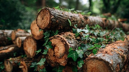A stack of freshly felled tree trunks with bark and ivy in a woodland. Concept of logging, lumber industry, and natural timber resources.