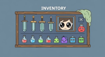 Cartoon style inventory interface with swords and potions and the text "INVENTORY"