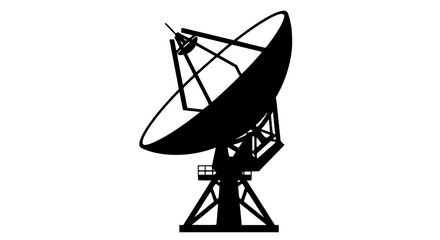 Detailed black silhouette of a large industrial radio telescope dish antenna on a white background isolated on transparent background
