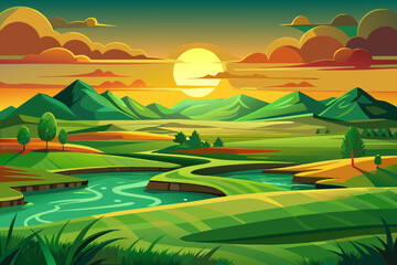 vector of When the sun goes down, the green plains are bathed in orange and golden light and the land takes a deep breath of silence.