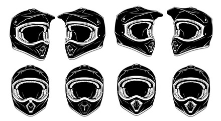 Collection of  black motocross helmets with goggles shown from different angles in a detailed sketch style silhouette isolated on transparent background