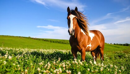Majestic pinto horse standing in a meadow under a clear sky idyllic nature scene
