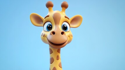 A cheerful, cartoon-style giraffe smiles brightly against a soft blue background, showcasing its distinctive features and playful expression.