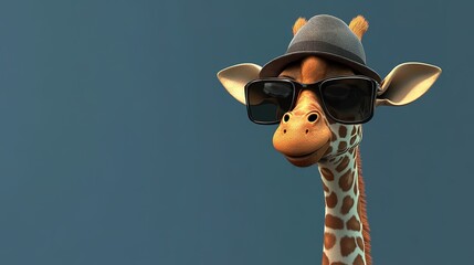 A stylish giraffe wearing sunglasses and a hat against a simple blue background, exuding a fun and playful vibe.