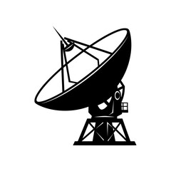 Detailed black silhouette of a large industrial radio telescope dish antenna on a white background isolated on transparent background