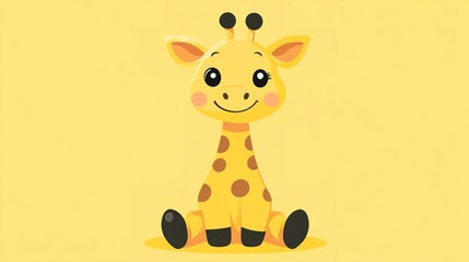A cute, cartoon-style giraffe with a cheerful expression sits against a bright yellow background, showcasing its distinct spots and playful demeanor.
