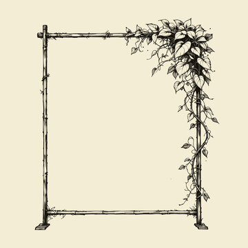 Black and white illustration of a garden trellis with climbing plants in a minimalist style