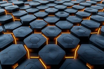 Obraz premium Abstract Dark Hexagon Grid: Futuristic, Tech, Industrial, Glowing Orange Lines, 3D Render.