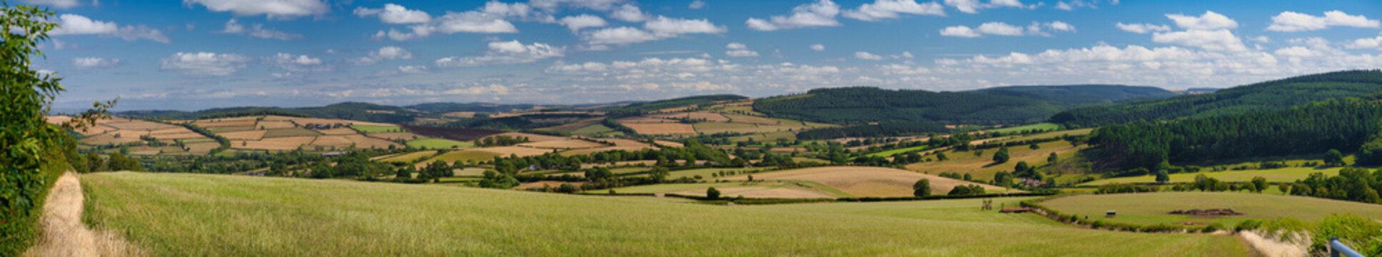 Wide panoramic view of patchwork fields and rolling hills under blue skies in the Shropshire Hills National Landscape, Shropshire, UK. Bright summer light and fluffy clouds convey a fresh rural feel.