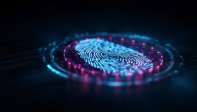 Impronta digitale olografica futuristica con luci al neon blu e viola su sfondo scuro, concetto di sicurezza digitale.