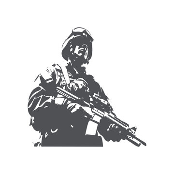 recommend clip art: Army Soldier in Combat Stance with Gun. Military Silhouette Vector Illustration
