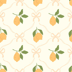 Minimalistic Botanical Seamless Pattern with Lemons, Green Leaves, and Decorative Bows on Light Background