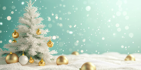 雪景色に輝く白いクリスマスツリーとゴールドオーナメント