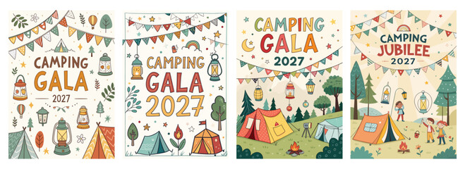 Colorful camping event posters featuring playful designs and festive elements for 2027 celebrations.