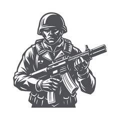 Army Soldier in Combat Stance with Gun. Military Silhouette Vector Illustration