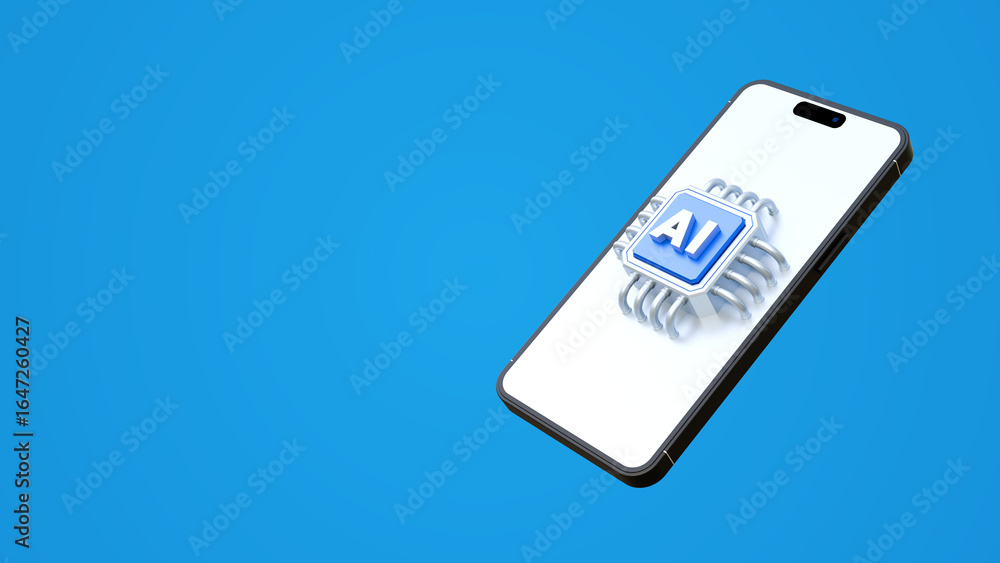 Poster artificial intelligence and smartphone concept with copyspace on blue background. mobile phone with 
