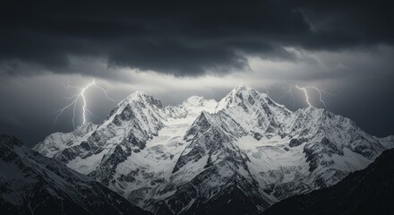 Storm clouds over white alpine mountains, dramatic lighting, cinematic realism