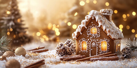 Wooden table featuring illuminated gingerbread houses, cinnamon sticks, pine cones, and soft-focused christmas lights creating cozy holiday atmosphere