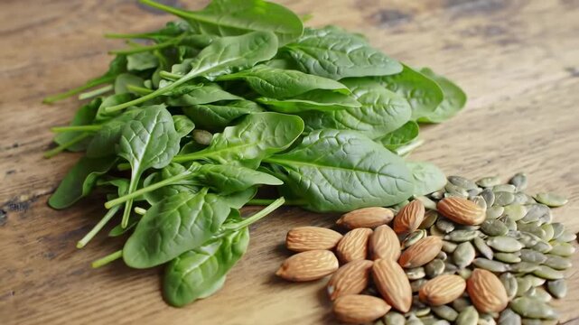 Fresh spinach leaves alongside almonds and pumpkin seeds on a rustic wooden surface