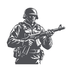Army Soldier in Combat Stance with Gun. Military Silhouette Vector Illustration