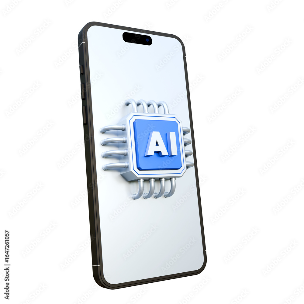 Poster smartphone with ai chip icon on screen isolated. mobile phone with artificial intelligence processor