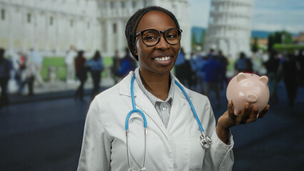 Woman wearing lab coat holds piggy bank near pisa tower in italy under clear sky blending finance...
