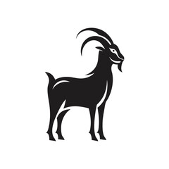Stylized Black Silhouette of a Standing Goat with Curved Horns on White animal white background