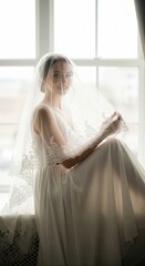 Fototapeta premium Beautiful bride in a white dress and veil sitting on a windowsill, softly lit by natural light, creating an atmosphere of serenity and anticipation before the wedding ceremony .