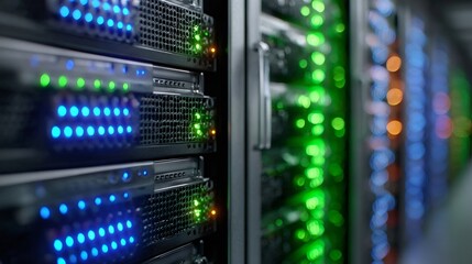 Close up of server rack with blinking indicator lights in data center. Technology, data storage and cloud computing concept for network service.