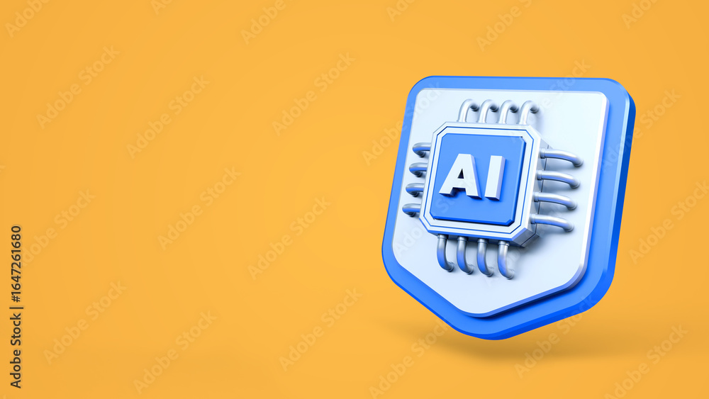Poster shield and artificial intelligence chip isolated on yellow background. artificial intelligence techn