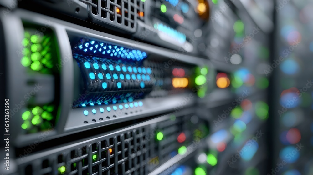 Poster server rack with blinking lights. data center operation and computing. network infrastructure for cl