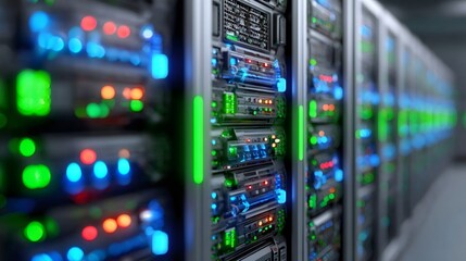 Server racks with blinking lights in data center. Information technology infrastructure and telecommunication network storage.