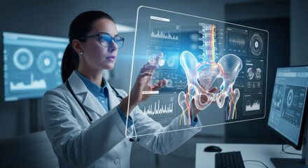 Woman doctor using futuristic medical interface for anatomy analysis. Innovative healthcare technology and research concept for diagnosis and education.