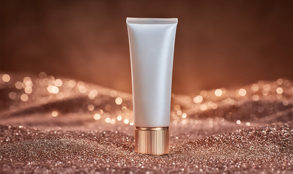 Tubo bianco di crema cosmetica con tappo dorato su sfondo scintillante e bokeh dorato.