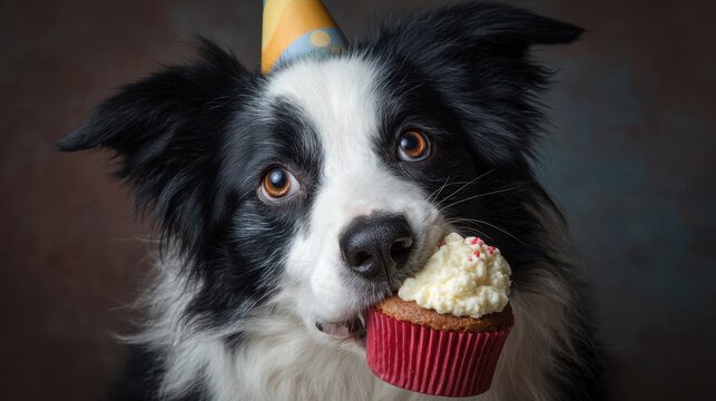Dog Cupcake. Border Collie Balancing Birthday Cupcake on Nose, Sweet Celebration Moment