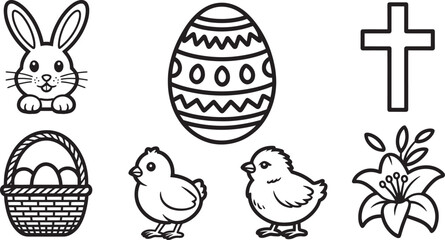 Springtime Icons Set Silhouette Style Bunny Egg Cross Basket Chicks Lily Flower