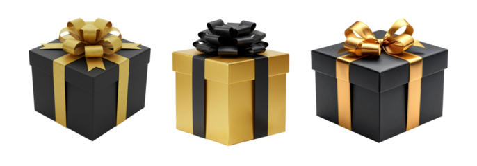 Elegant Gift Boxes Black Gold Ribbon Bows Holiday Presents Celebration on transparent background