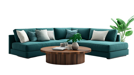 Luxurious teal sectional sofa with decorative pillows, modern coffee table, and lush greenery, perfect for interior design or lifestyle projects