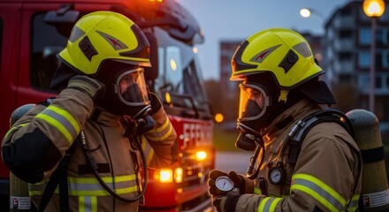 Two firefighters in protective gear checking equipment and communicating near a fire truck at dusk. Ready for action and emergency.