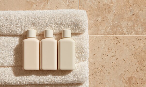 Tre flaconi di lozione o shampoo su asciugamani bianchi piegati contro una parete di piastrelle di marmo beige.