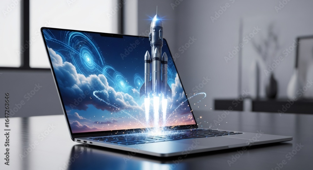 Poster rocket launching from a laptop screen with digital clouds and abstract network elements, concept of 