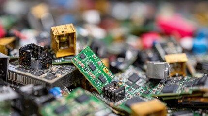 Electronics Disposal. Heap of E-waste: PCB, Connectors, Components in Colorful Background