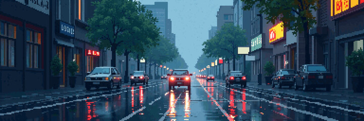 A pixel art street scene on a rainy day, with cars driving on wet asphalt reflecting city lights, and buildings lining the tree-lined road.  © Pyxzel