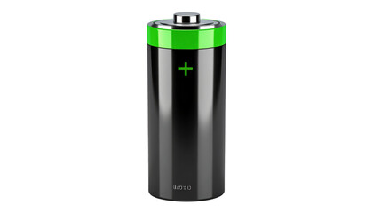 Modern rechargeable battery with shiny metallic finish and vibrant green indicator showing full power, perfect for technology, innovation, and sustainable energy concepts on solid white in Png